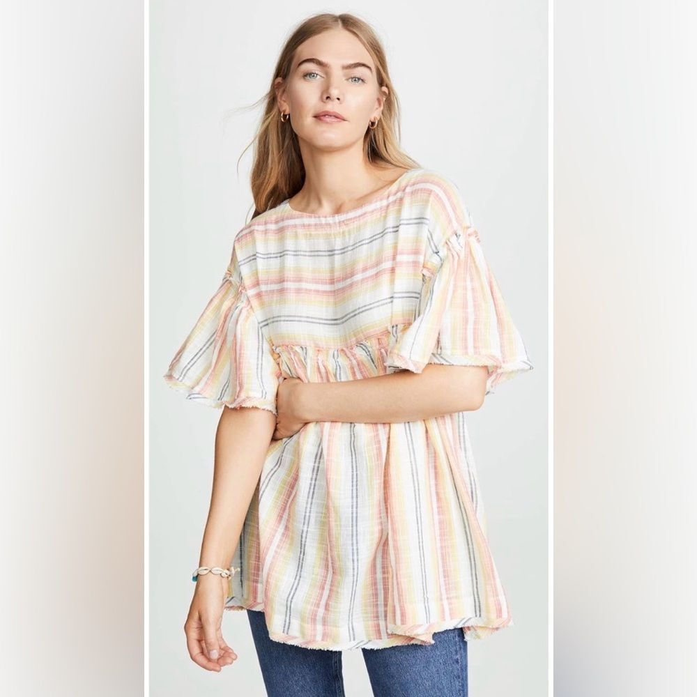 Free People Summer Nights Striped Tunic XS Orange Yellow Boho Bell Sleeve